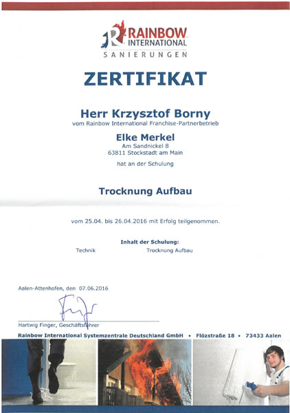 Zertifikat BORYNA Wasserschadensanierung