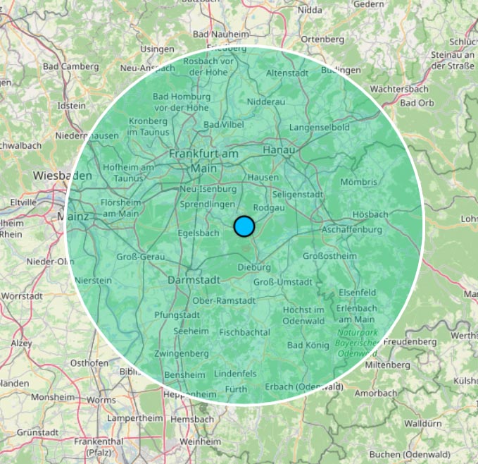 Karte des Einsatzgebiets von Boryna Wasserschadensanierung mit markiertem 50-km-Radius rund um Rödermark im Rhein-Main-Gebiet inklusive Frankfurt, Offenbach, Darmstadt und Aschaffenburg.
