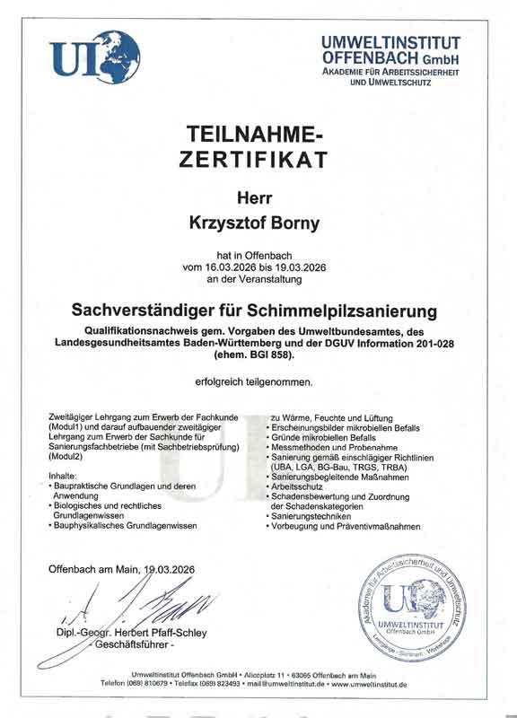 Zertifikat Sachverständiger für Schimmelbeseitigung und Schimmelpilzsanierung – Qualifikationsnachweis Umweltinstitut Offenbach für professionelle Schimmelsanierung und Gutachten